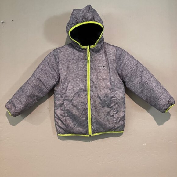 EDDIE BAUER Down Hooded Puffer Coat Boy's Black Green Reversible Size XS 5/6 - Picture 8 of 16